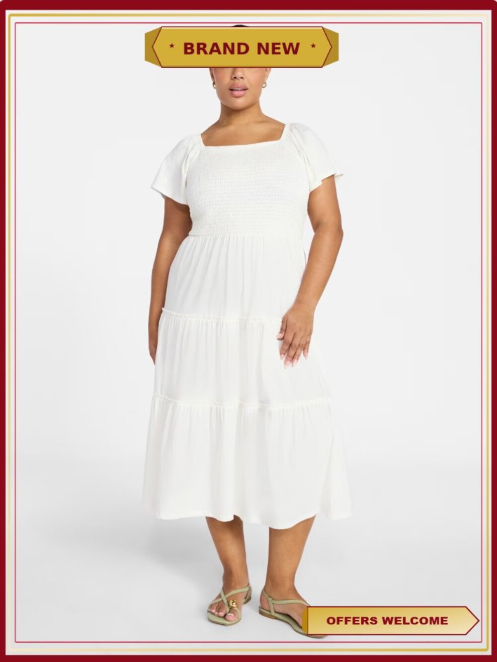 Plus Size Square Neck Smocked Midi Dress Flutter Sleeve